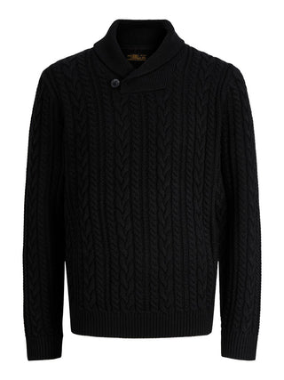 Ανδρικό πλεκτό πουλόβερ JPRBLUCALLUM CABLE KNIT SHAWL NECK JACK&JONES 12299949 BLACK W26/27