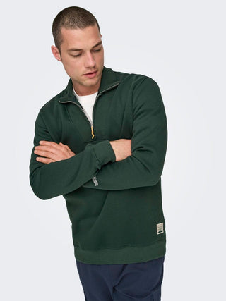 Ανδρικό φούτερ Regular Fit 80% Cotton, 20% Polyester ONSRILEY REG 1/4 ZIP HIGH NECK SWT VD ONLY & SONS 22030160 Darkest Spruce W24/25