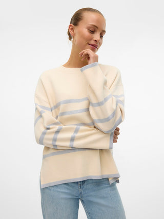 Γυναικεία πλεκτή μπλούζα VMSABA LS O-NECK STRIPE PULLOVER GA VERO MODA 10278319 Birch NOOS W24/25