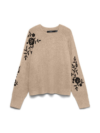 Γυναικεία πλεκτή μπλούζα VMNEW FATIMA LS O-NECK EMB. PULLOVER VERO MODA 10351509 SILVER MINK W26/27