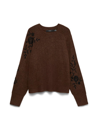 Γυναικεία πλεκτή μπλούζα VMNEW FATIMA LS O-NECK EMB. PULLOVER VERO MODA 10351509 COCOA BROWN W26/27