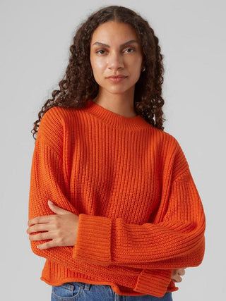 Γυναικεία πλεκτή μπλούζα VMSAYLA FOLD LS O-NECK PULLOVER BOO VERO MODA 10290615 Tangerine Tango W 23/24