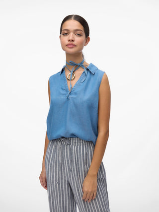 Γυναικείο top VMHARPER SL COLLAR SHORT TENCEL TOP GA Vero Moda 10283751 Medium Blue Denim SS25