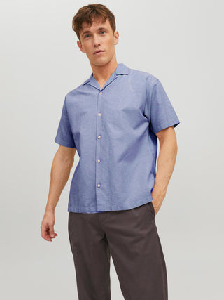 Ανδρικό πουκάμισο κοντομάνικο λινό Relaxed Fit JACK & JONES 12227681 Faded Denim