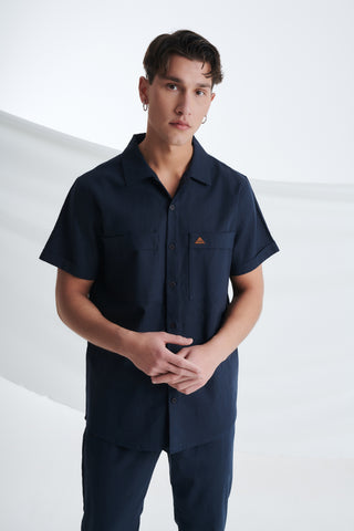 Ανδρικό πουκάμισο λινό με τσέπες στο στήθος P/COC P-1601 Navy Blue S23